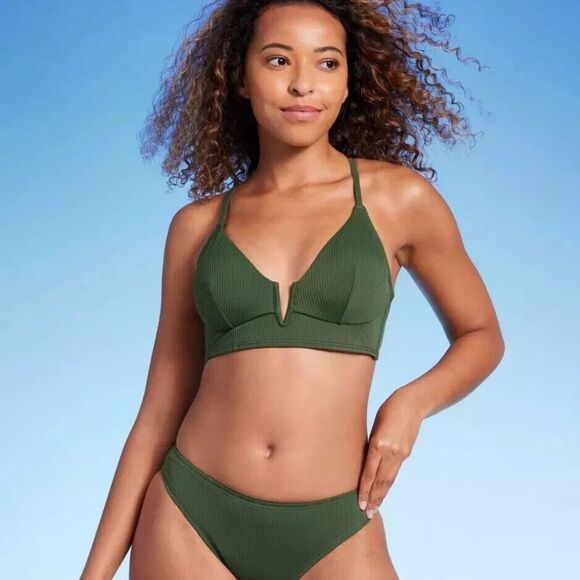 NWT Shade & Shore 32B Solid Green Ribbed Longline V-Wire Bikini Swim Top - Picture 3 of 8